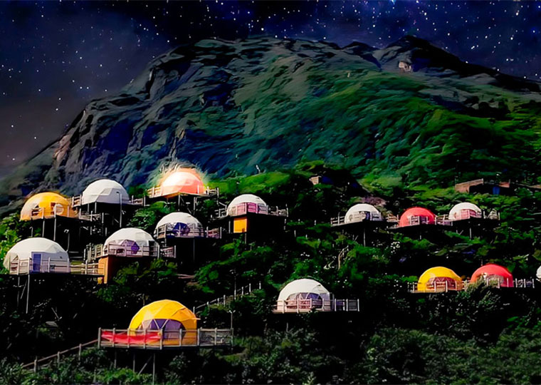 colorful glamping domes in the valley